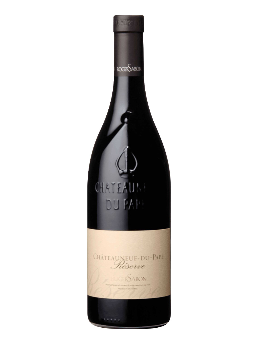 Sticlă de Roger Sabon Châteauneuf-du-Pape Réserve, cu etichetă clasică și culoare roșu intens, reflectând calitatea și rafinamentul vinului.