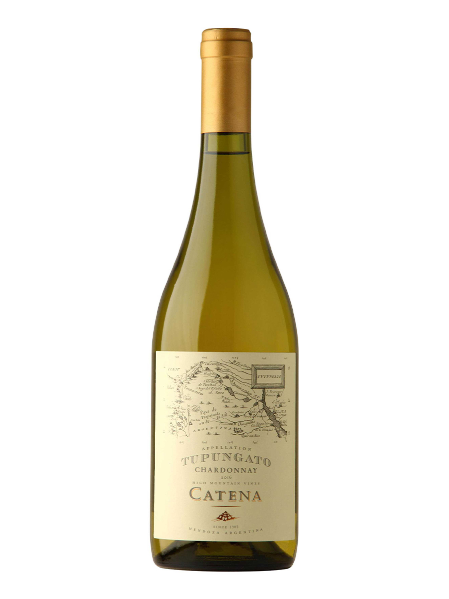 Sticlă de Catena Appellation Tupungato Chardonnay, cu o culoare galben-auriu strălucitor, evocând rafinamentul vinurilor de altitudine.